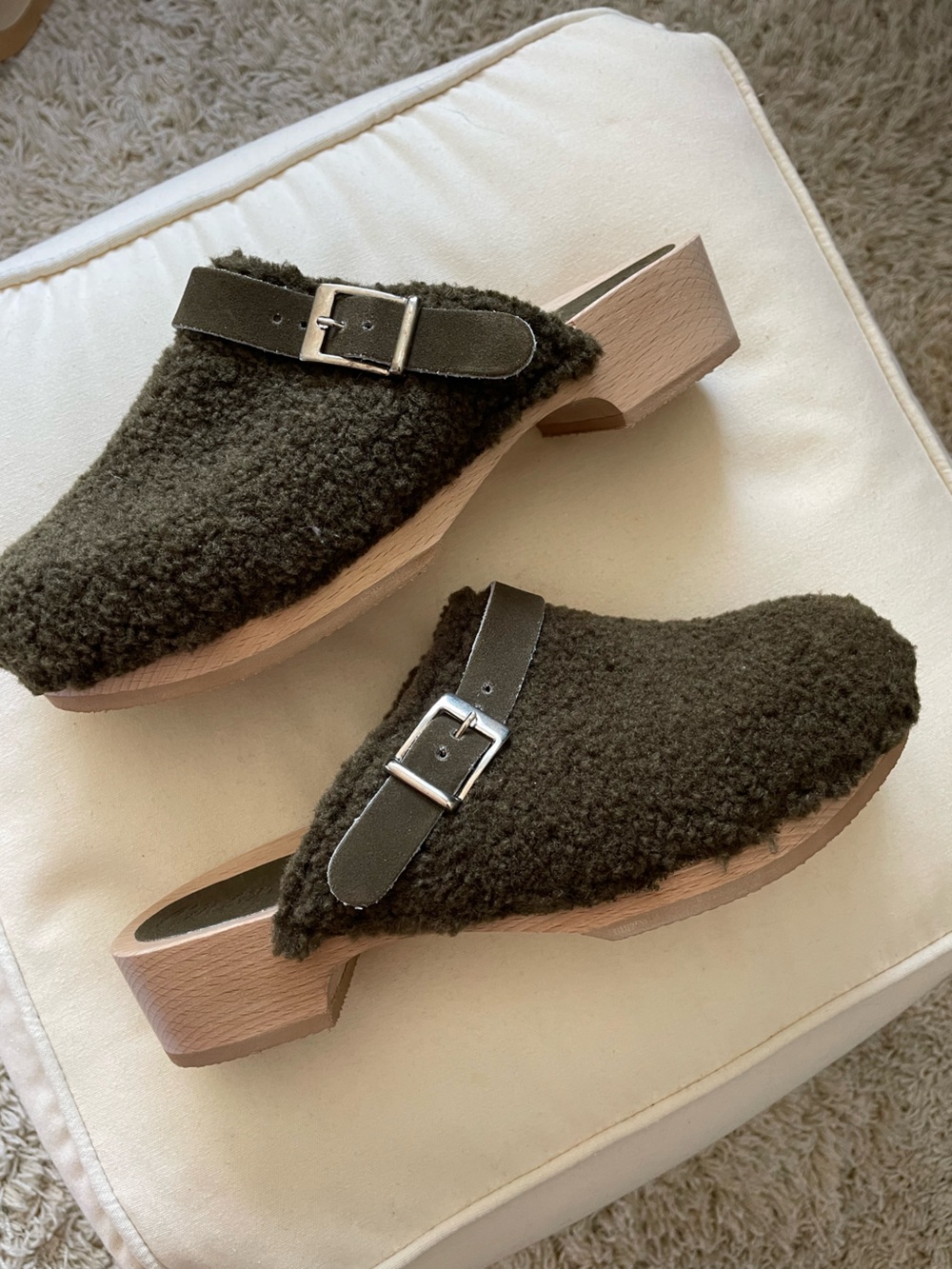 Women’s Olive Shearling Clog Mules with Buckle